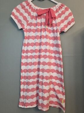 Morgan & Milo Pink and White Scalloped Stripe Casual Dress